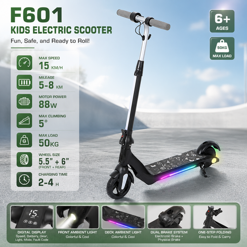 GEBIKE F601 Kids Electric Scooter with LED Lights, 15KM/H, Foldable Lightweight E-Scooter for Children Ages 6+ GEBIKE